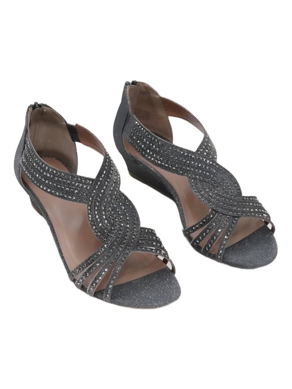 Style Co Ginifur Embellished Satin Wedge Sandals Platino Pewter Silver US 7M